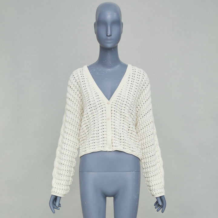 THEORY cream white wool cashmere open knit cable cropped knit cardigan S