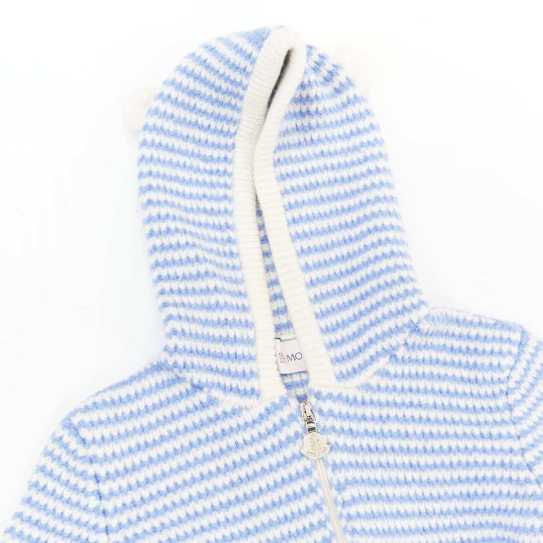 MONCLER ENFANT KIDS blue cream striped knit wool hooded ear cardigan sweater 3Y