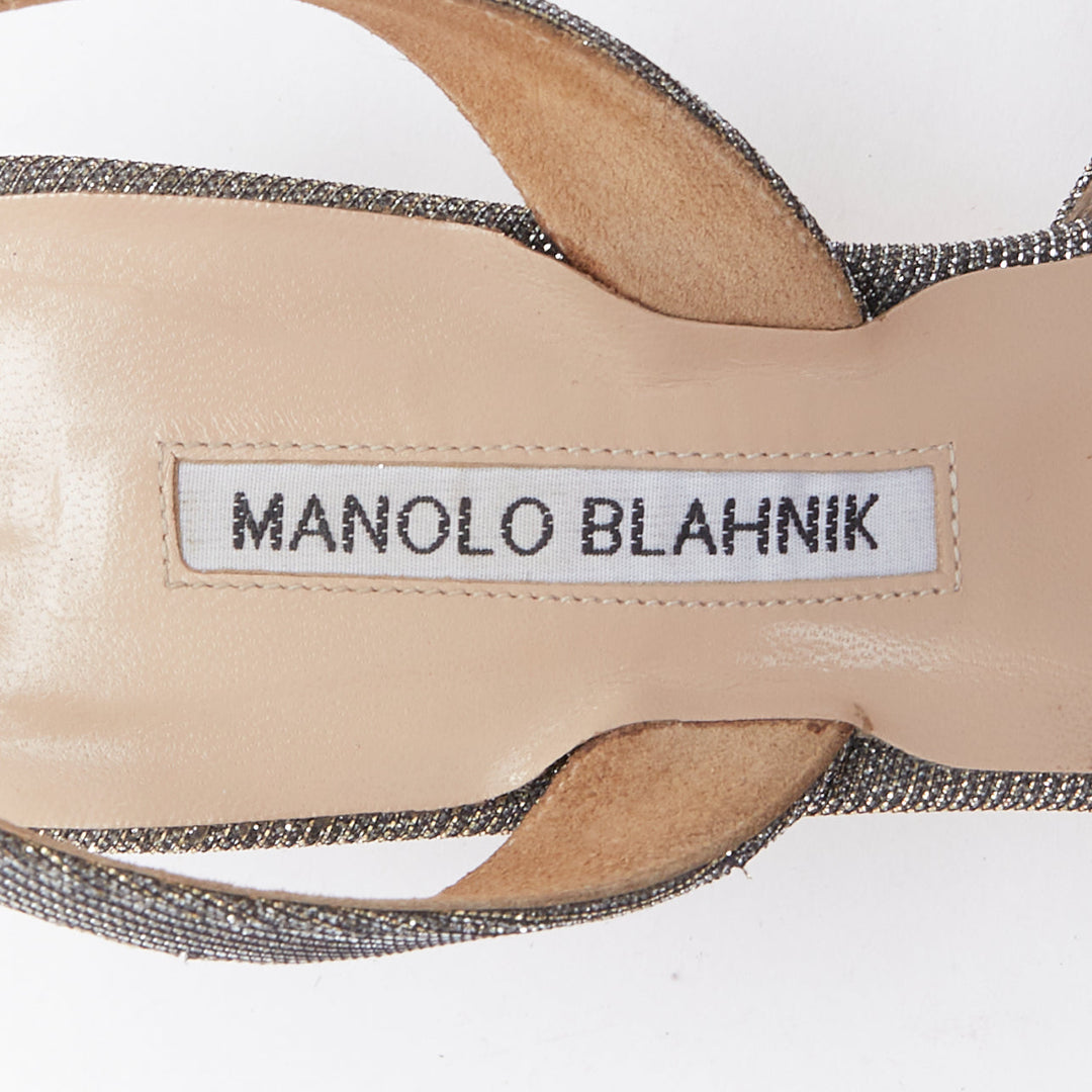 MANOLO BLAHNIK Tonoslac metallic silver fabric crystsal buckle sling heels EU39