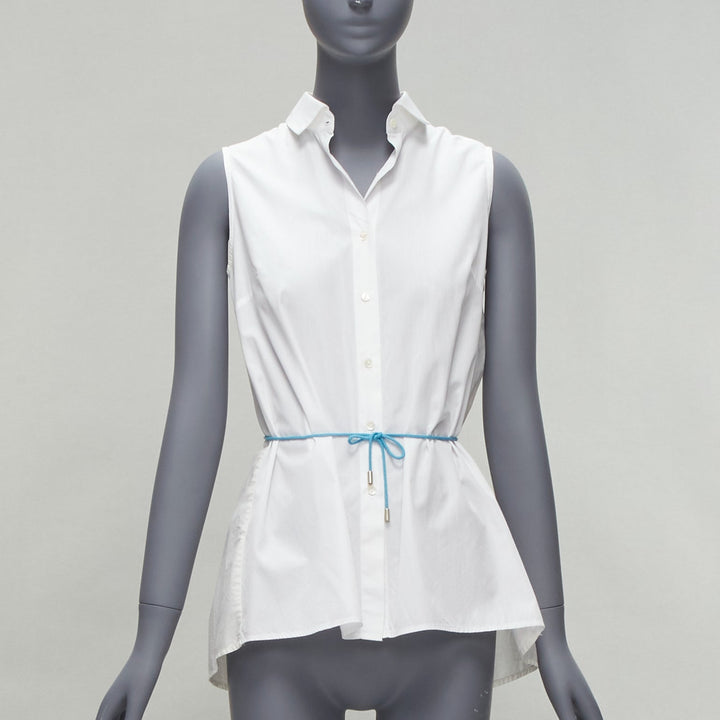 PALMER HARDING blue drawstring tie back white flare sleeveless shirt UK6 XS