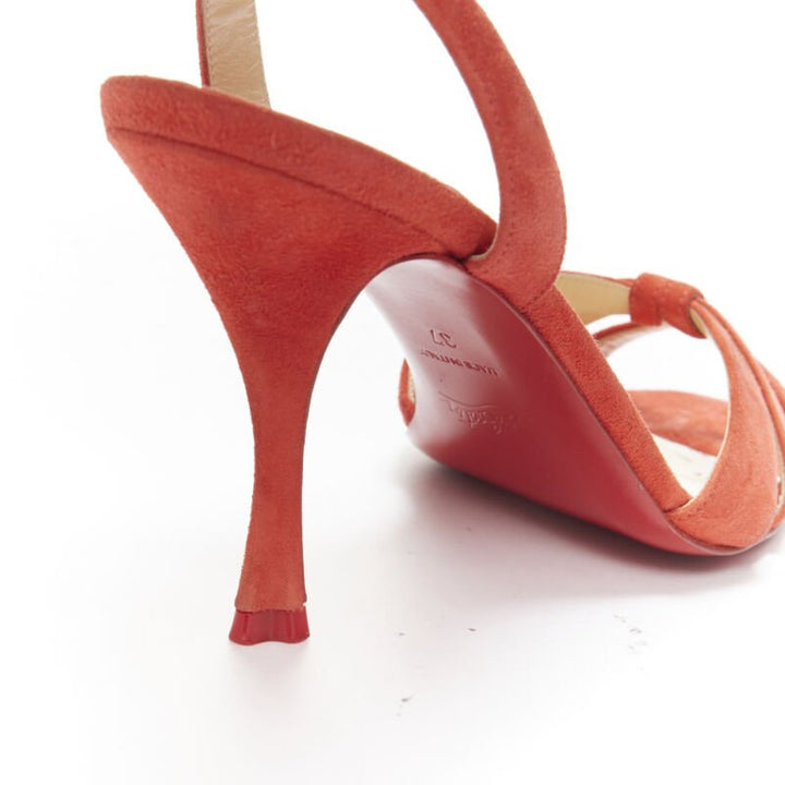 CHRISTIAN LOUBOUTIN red suede strappy ankle strap curved mid heel sandals EU37