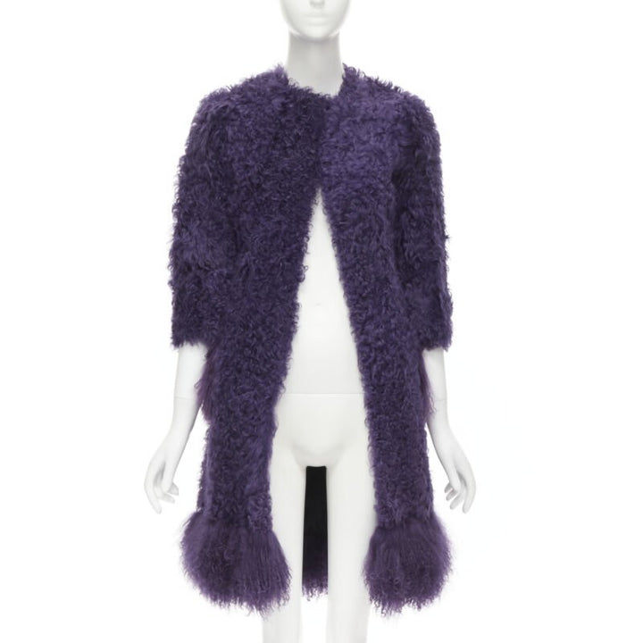 MIU MIU purple curly shearling fur contrast hem 3/4 sleeve coat IT36 XS