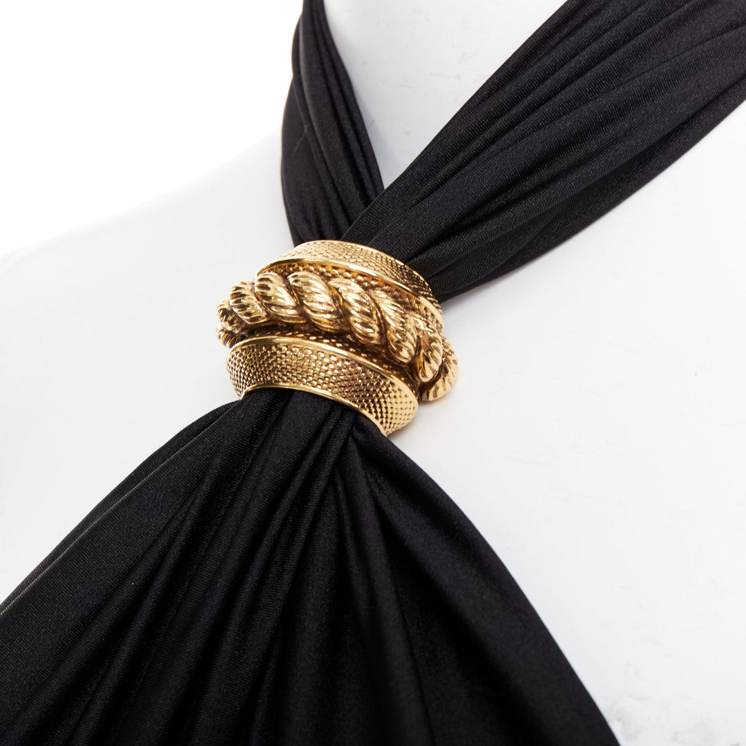 SAINT LAURENT 2022 Runway black gold metal brooch halter cutout jumpsuit Sz.1 XS