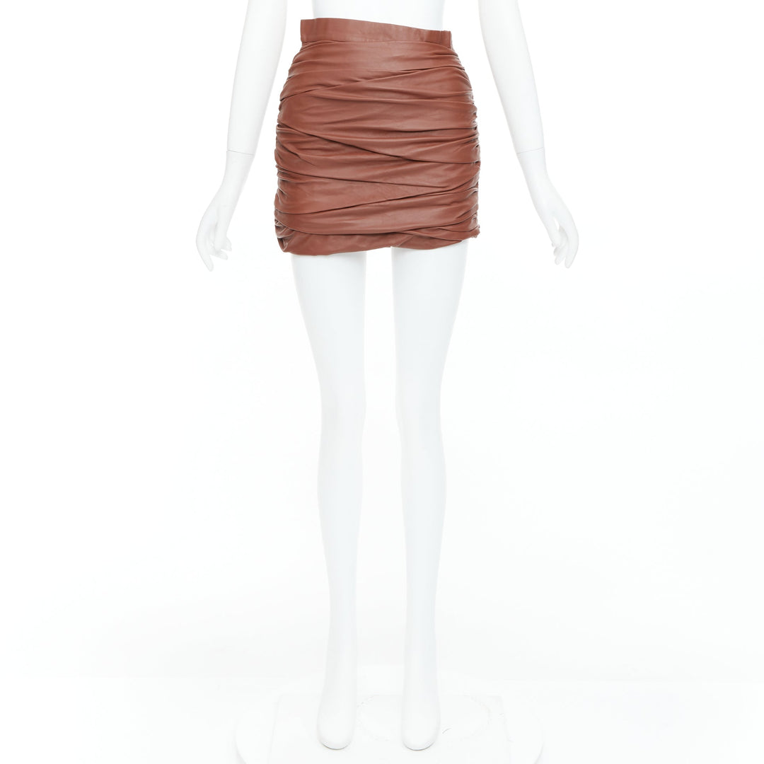 ZEYNEP ARCAY brown lambskin gathered ruched silk lined mini skirt FR34 XS