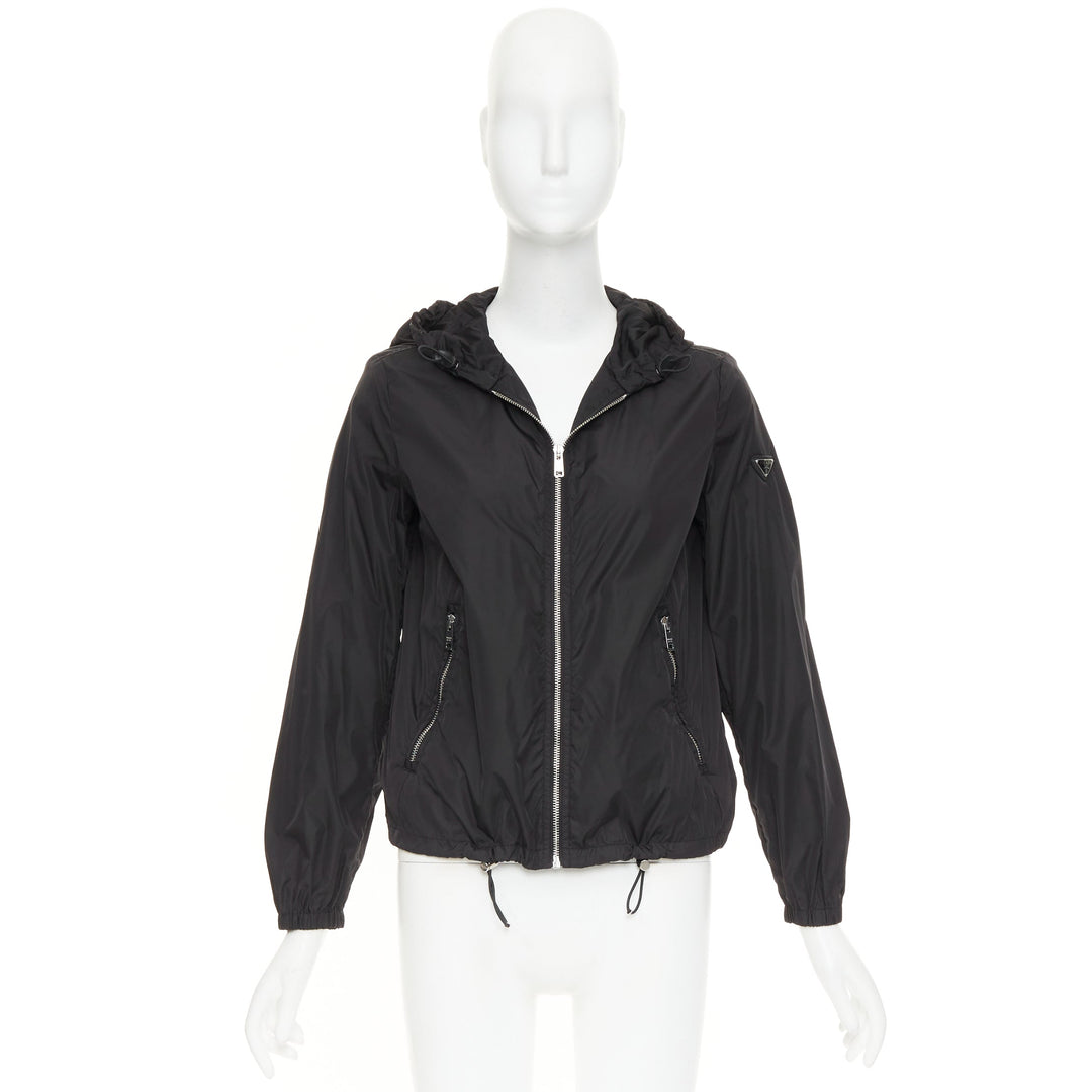 PRADA 2021 Re Nylon black silver triangle logo plague zip up windbreaker IT38 XS