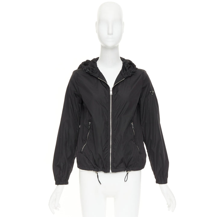 PRADA 2021 Re Nylon black silver triangle logo plague zip up windbreaker IT38 XS