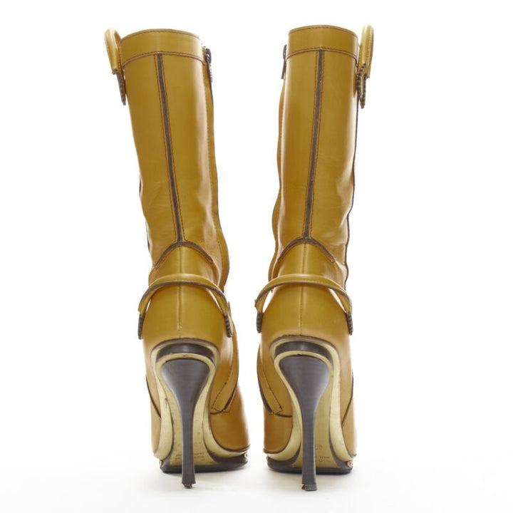 DSQUARED2 yellow leather loop handle gold metal trim platform tall boot EU36.5