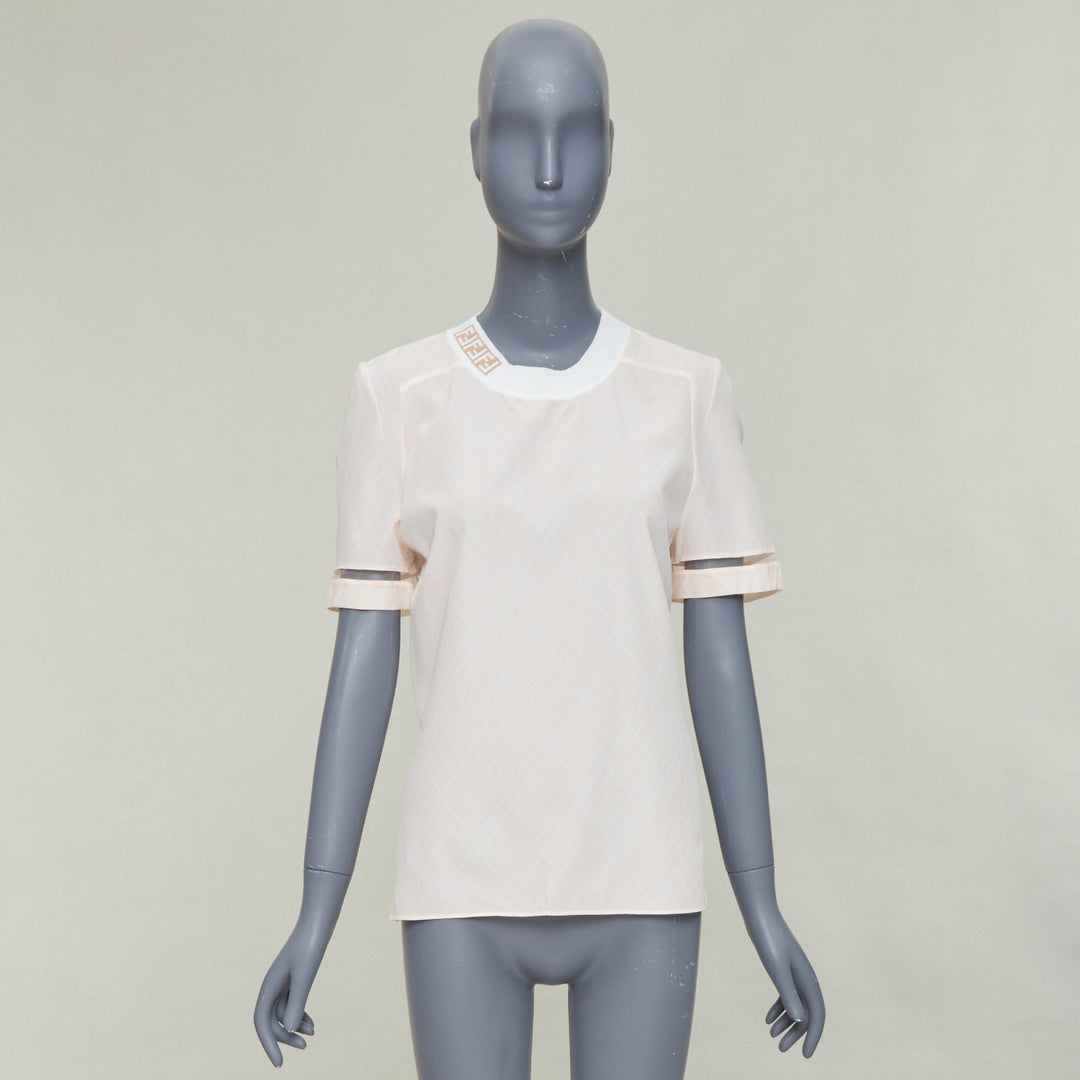 FENDI pink silky nude FF monogram crew collar diamond checked short sleeve top