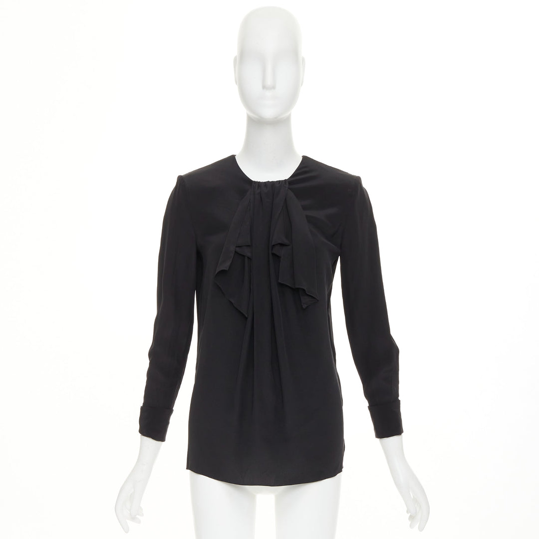 SAINT LAURENT 2012 pussy bow ribbon collar padded shoulder silk blouse FR36 S