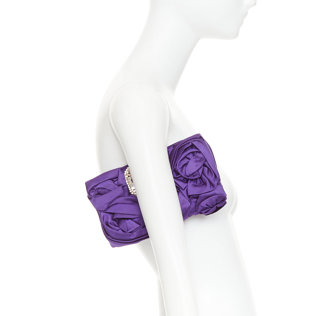 ROGER VIVIER purple satin 3D rose ruffle applique crystal buckle clutch bag