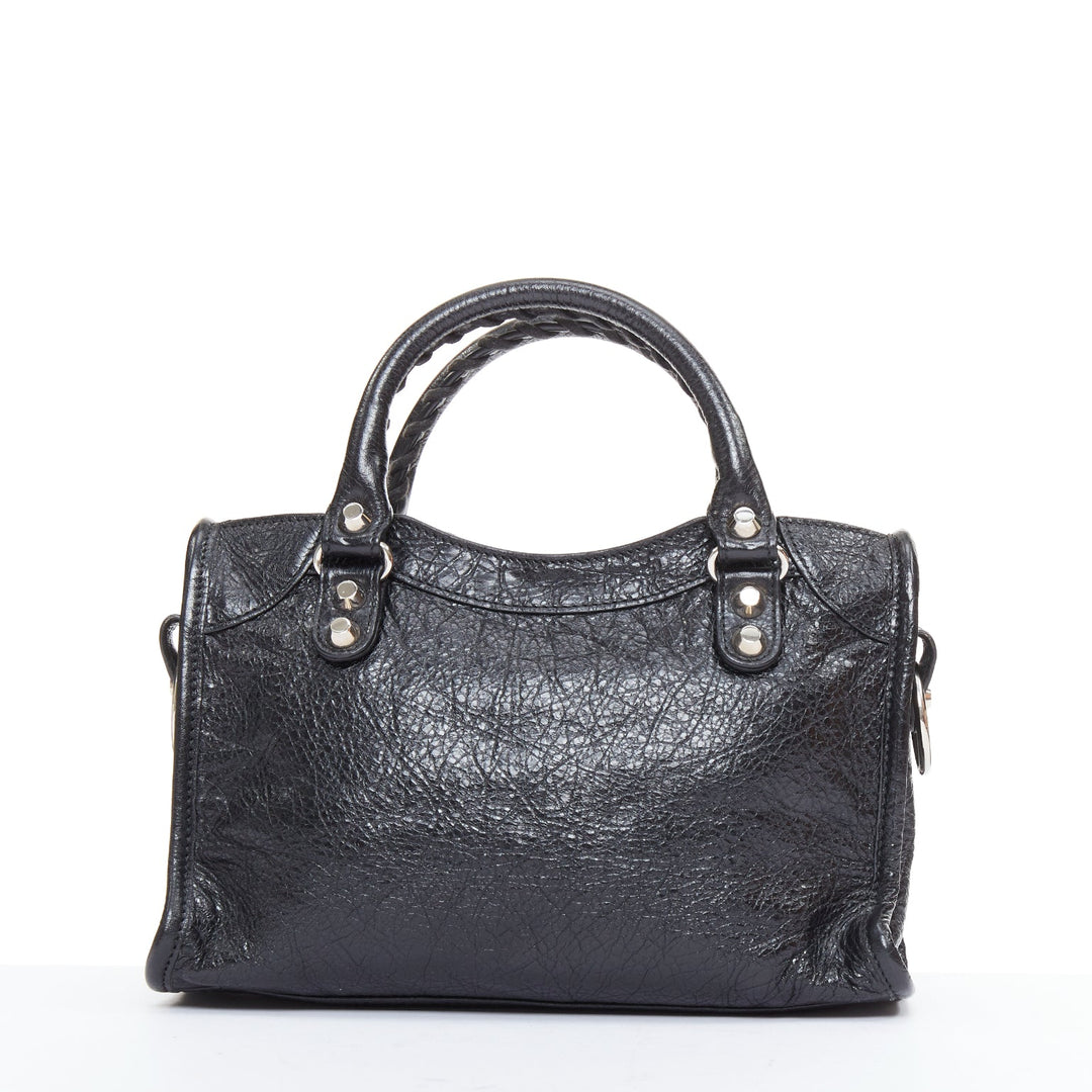 BALENCIAGA Le City Mini black crinkled leather silver hardware crossbody bag
