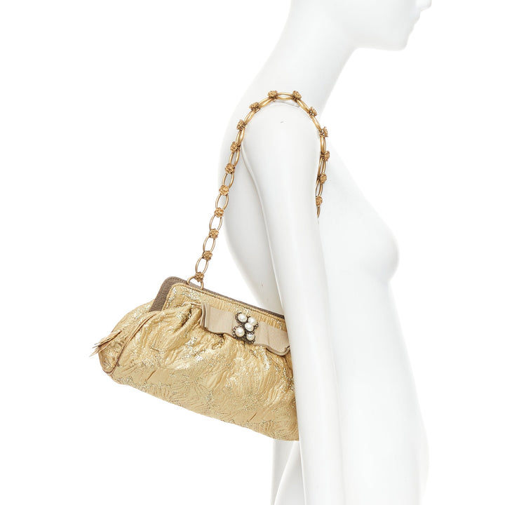 DOLCE GABBANA gold metallic floral jacquard rosette chain shoulder bag