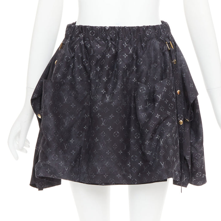 LOUIS VUITTON Monogram Cloud Pocket grey 100% silk flare mini skirt FR34 XS