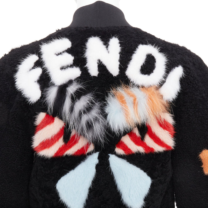 FENDI black floral fur leather lined cropped bomber jacket IT40 S