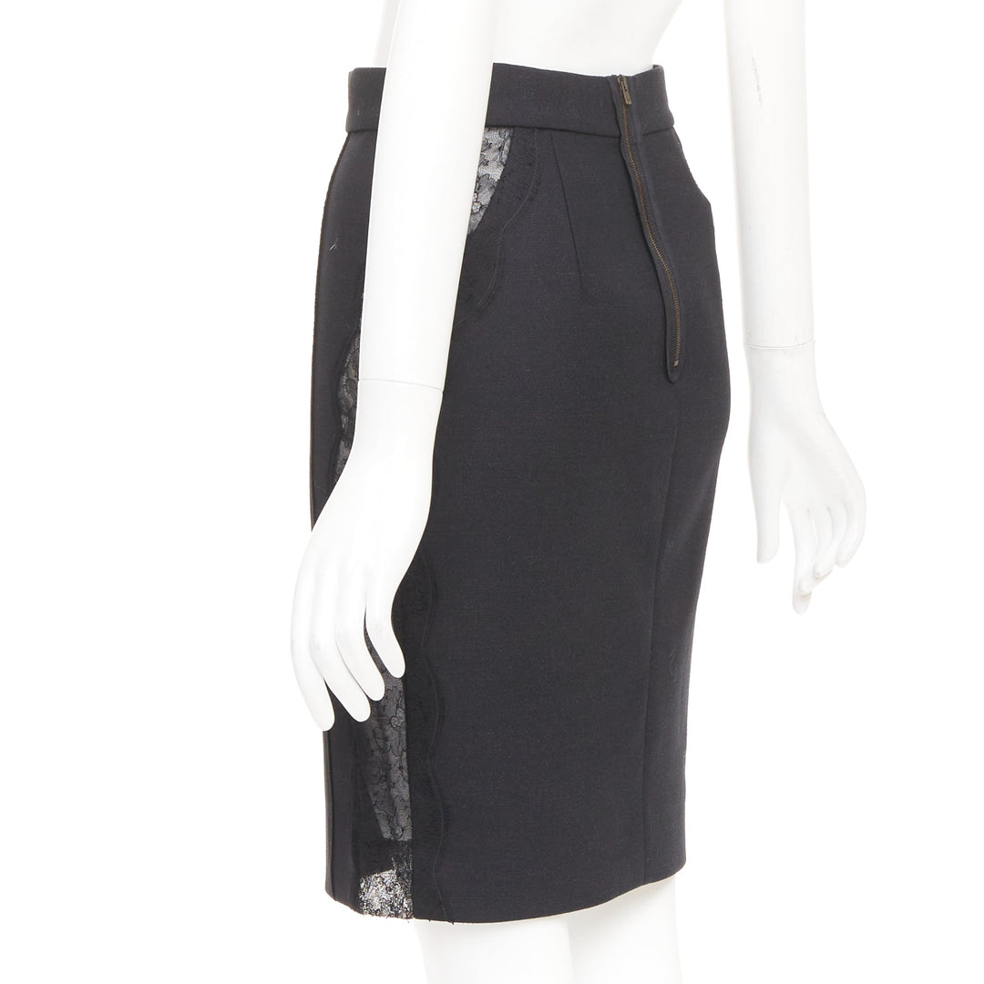 STELLA MCCARTNEY black wool blend lace side panels cut out pencil skirt IT38 XS