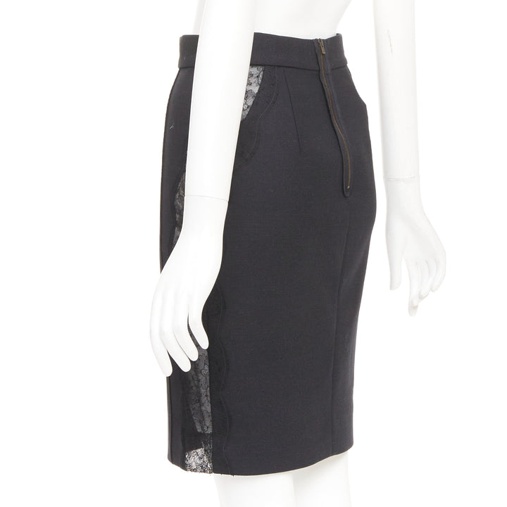 STELLA MCCARTNEY black wool blend lace side panels cut out pencil skirt IT38 XS