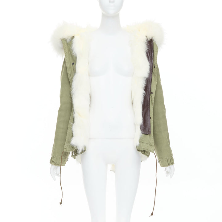 MR AND MRS ITALY  white fur lined hooded military green parka coat XXS