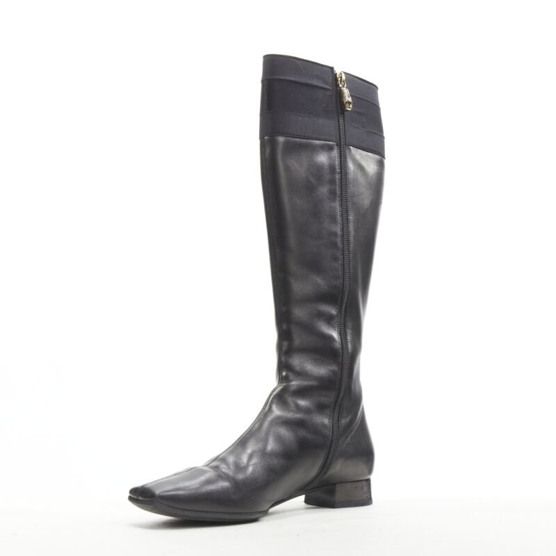 GUCCI black web trim leather gold bamboo charm zip riding boots EU36