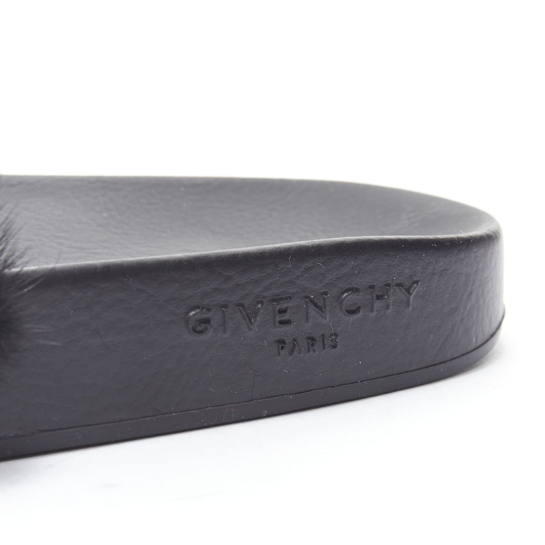 GIVENCHY black Vison Mink fur logo rubber molded footbed pool slides EU36