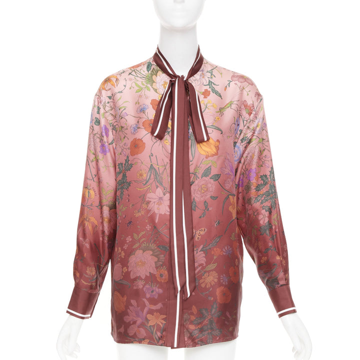 GUCCI 2025 Flora Degrade Rosso Ancora red bow neck tie silk twill top IT36 XXS