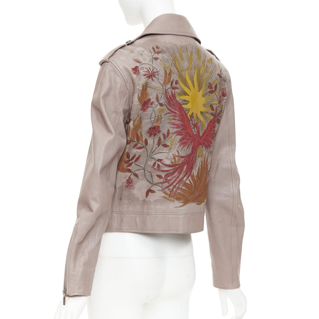 CHRISTIAN DIOR beige goat leather handpainted Phoenix zipped biker jacket FR38 M