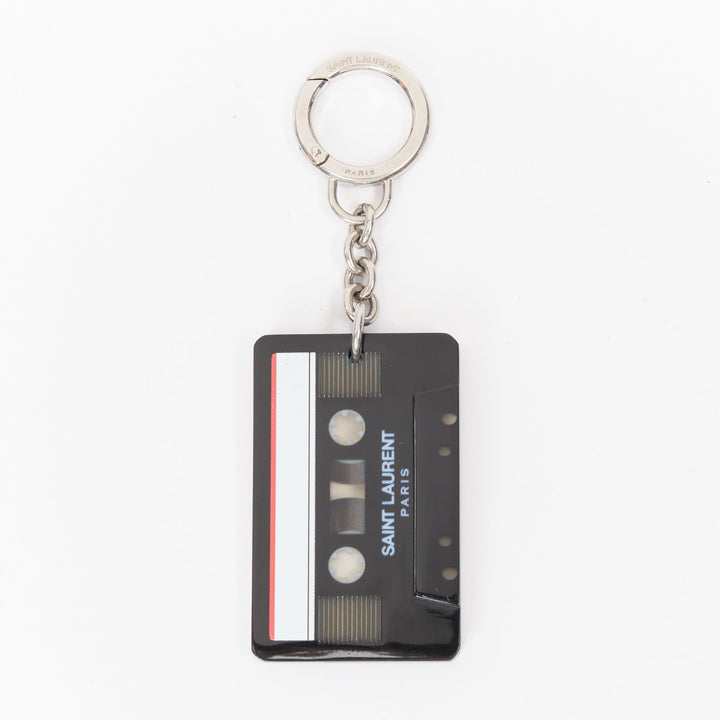 SAINT LAURENT cassette tape black plexi brass logo keyring bag charm pendant