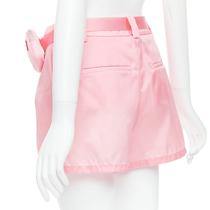 PRADA 2021 Re-Nylon pink triangle logo mini pouch high waist shorts IT38 XS