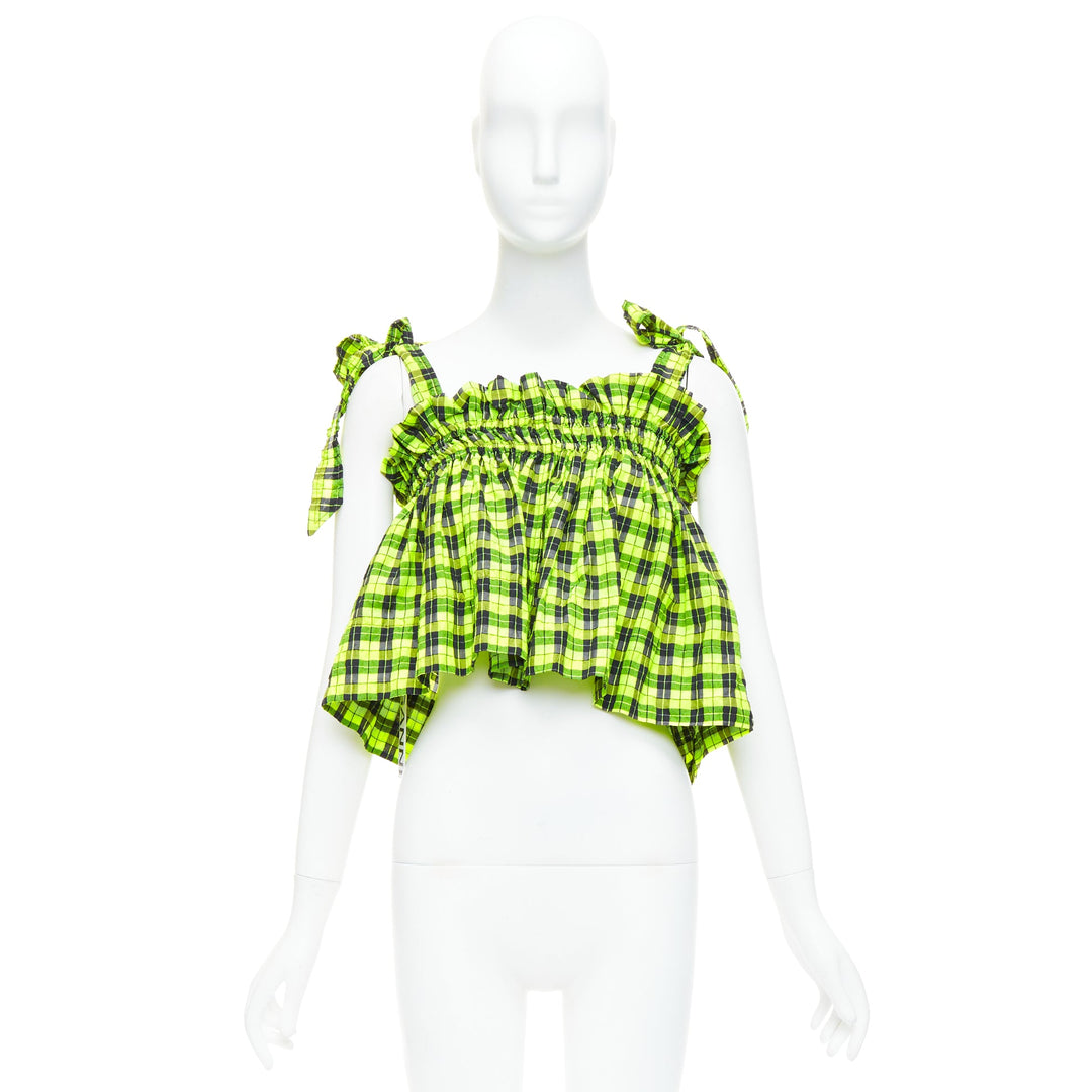 GANNI Checked Seersucker neon green ruffle tie shoulder crop top FR36 S