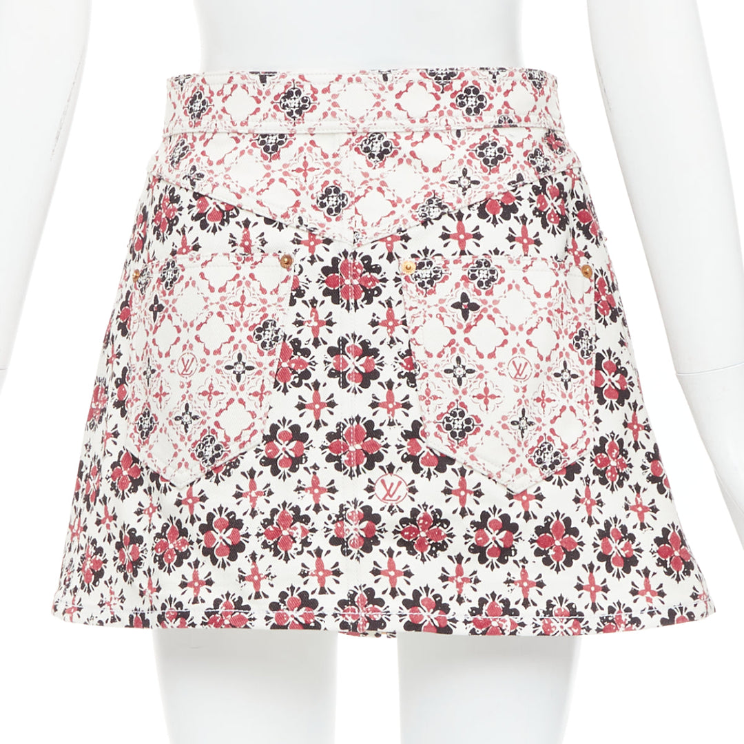 LOUIS VUITTON 2023 Vintage Monogram red cream floral denim zip skirt FR34 XS