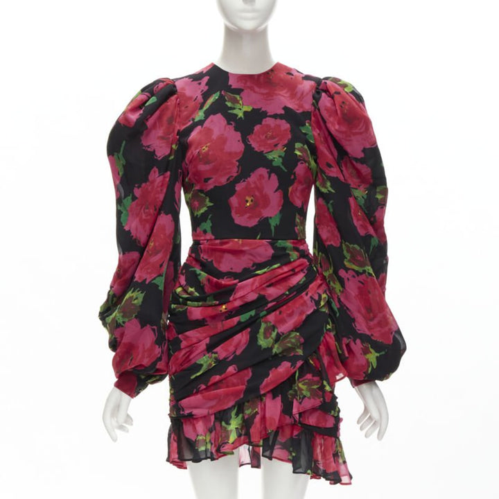 RICHARD QUINN 2020 black red rose print wrap skirt puff sleeve 80's dress UK8 XS