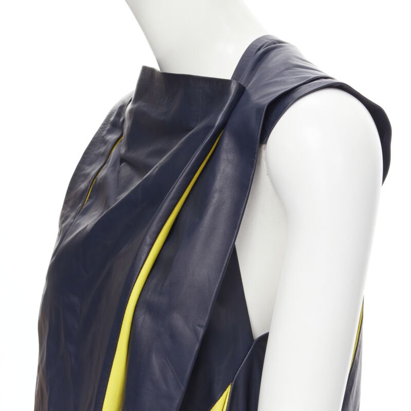 BALENCIAGA 2010 Runway Ghesquiere navy yellow leather pleated top FR38 S