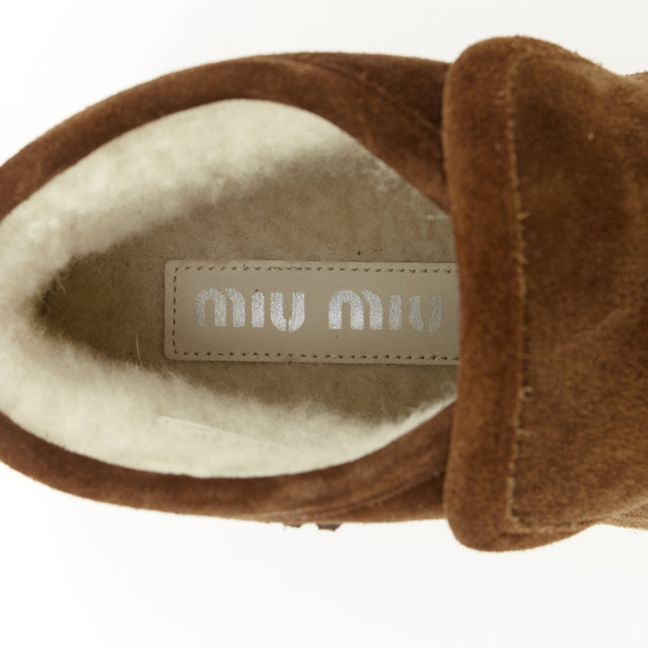 MIU MIU 2023 logo shearling lined brown suede comfort chukka ankle boots EU39