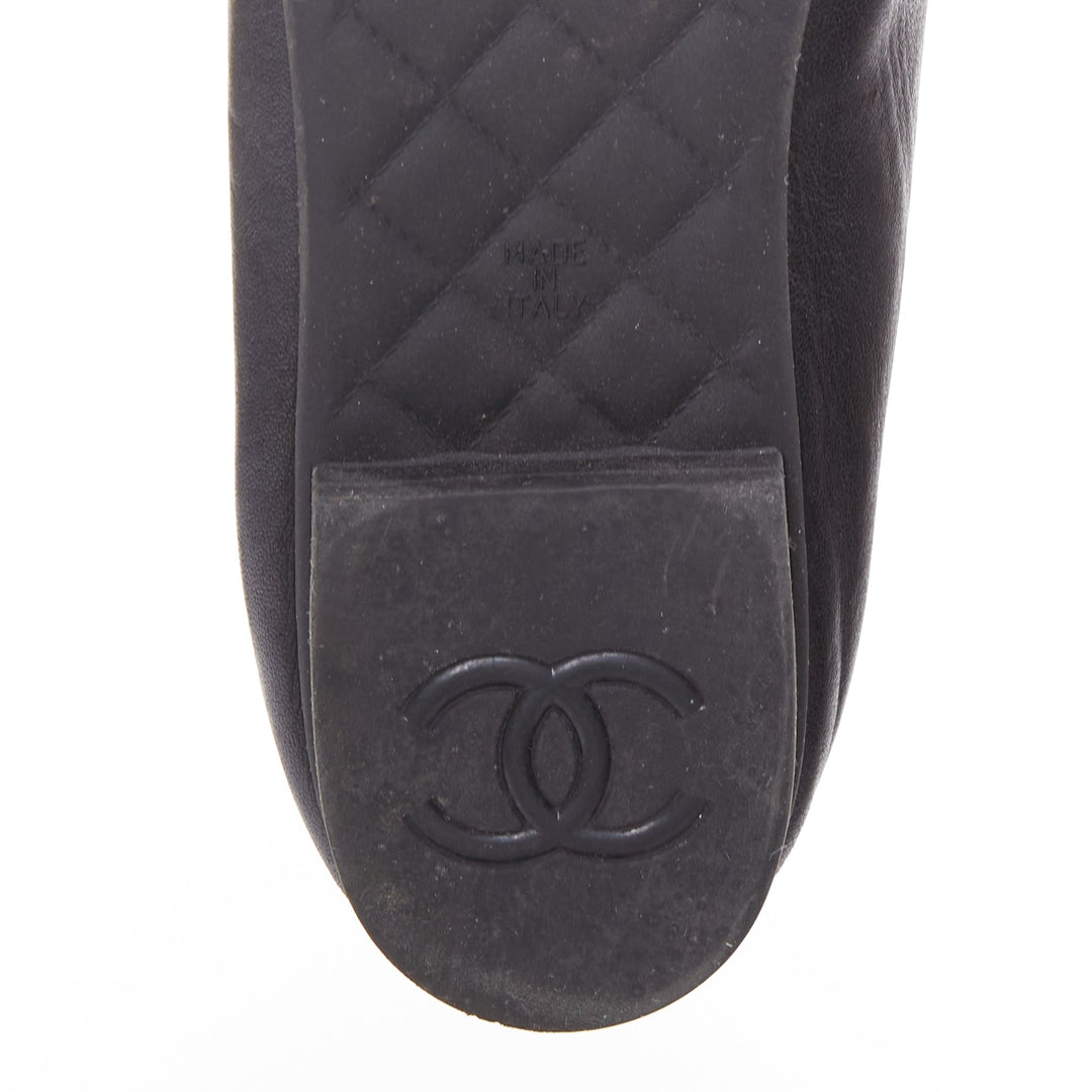CHANEL black leather silver CC logo camellia flat loafer EU36.5