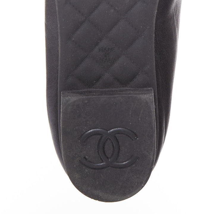 CHANEL black leather silver CC logo camellia flat loafer EU36.5