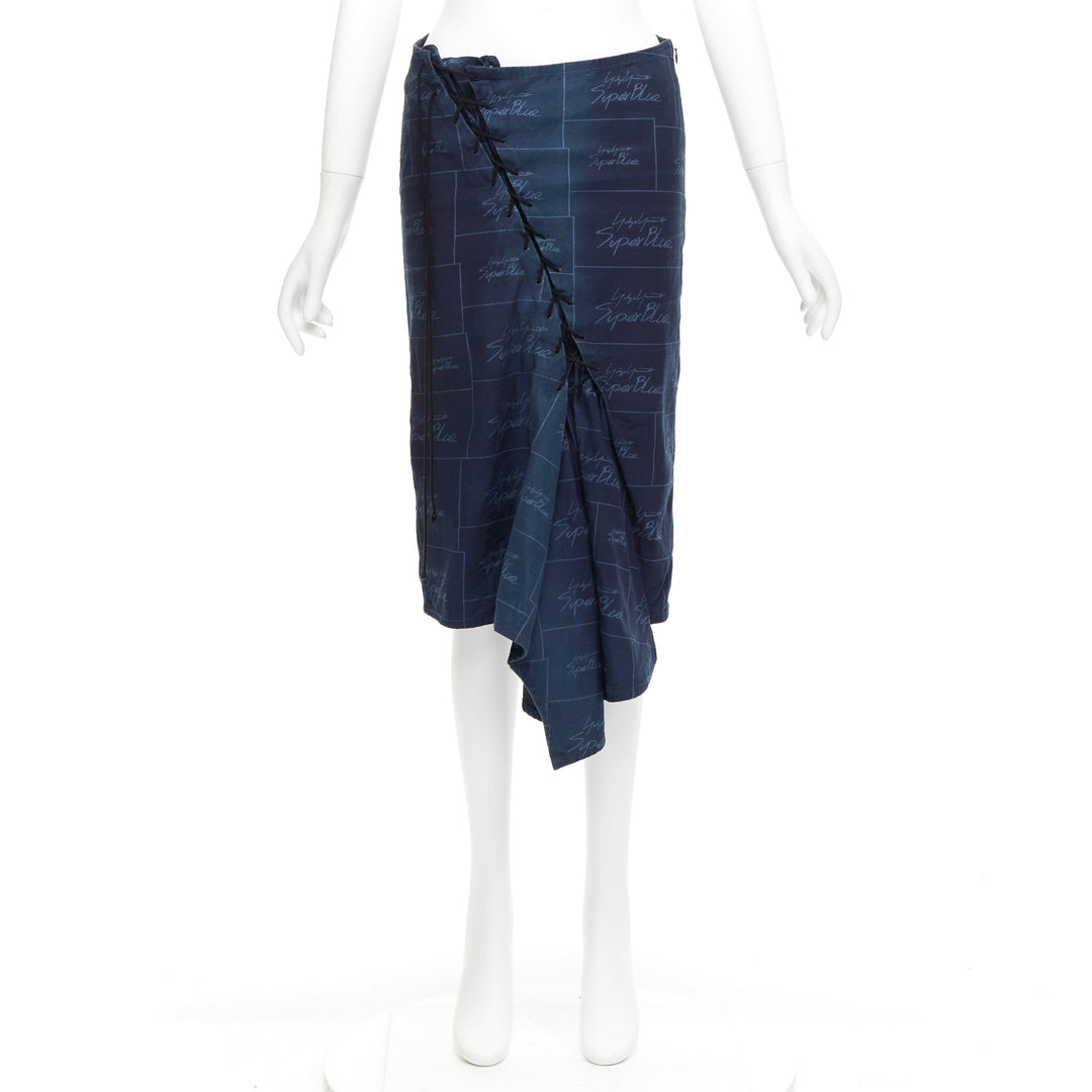 YOHJI YAMAMOTO Noir Superblue blue cotton logo print laced up skirt JP1 S