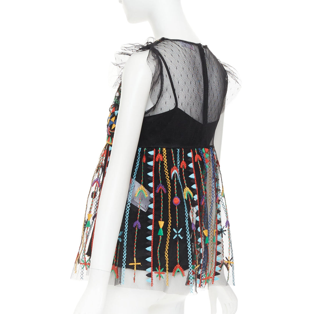 RED VALENTINO Love Celebration black bird heart embroidered ruffle top IT42 M