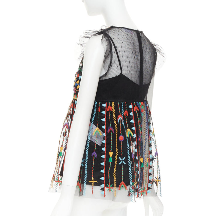 RED VALENTINO Love Celebration black bird heart embroidered ruffle top IT42 M