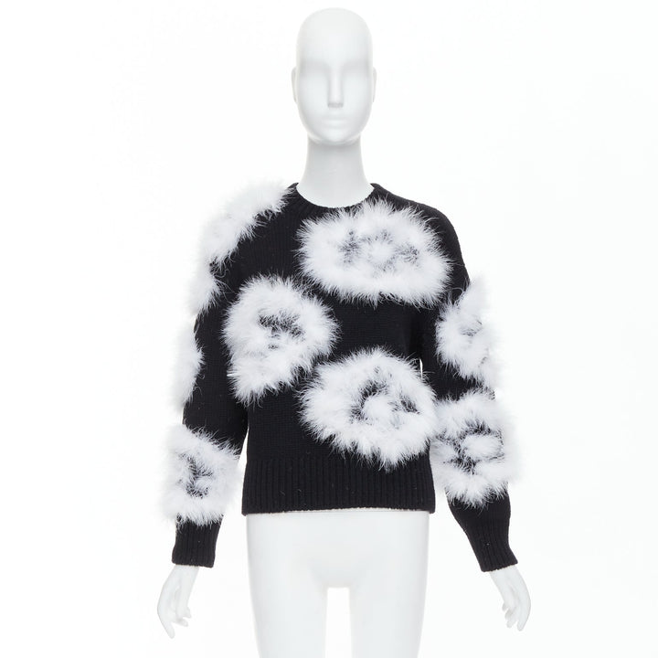 CHANEL 23A Runway white turkey feather black cashmere sweater FR38 M