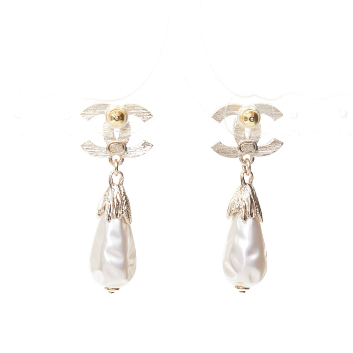 CHANEL L25S champagne gold CC logo crystal pave drop pearl pin earrings pair