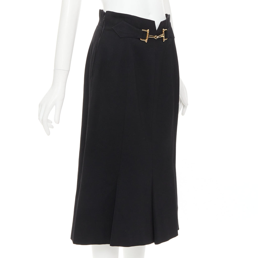 CELINE Michael Kors Vintage black 100% wool gold horsebit buckle skirt FR42 XL