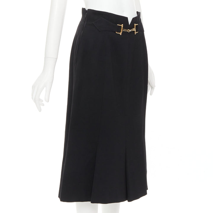 CELINE Michael Kors Vintage black 100% wool gold horsebit buckle skirt FR42 XL