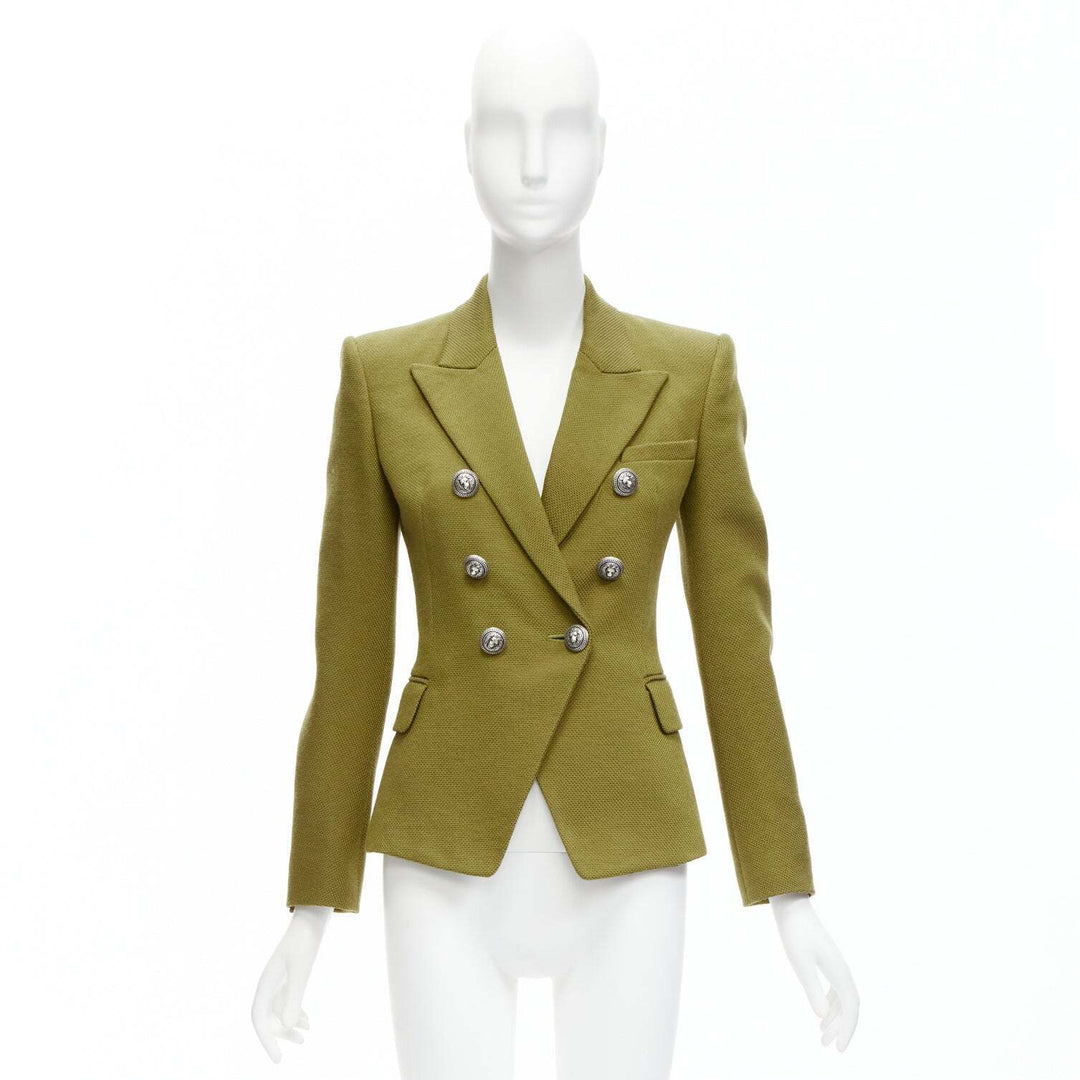 BALMAIN green silver lion button double breasted military blazer jacket FR38 M