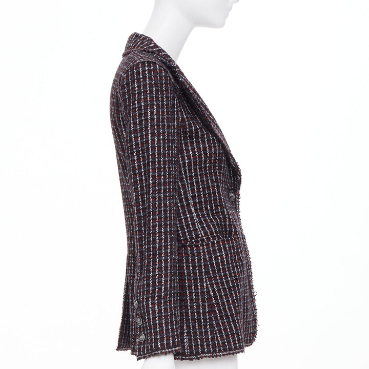 CHANEL 2008 burgundy navy check striped tweed cashmere wool fringe blazer FR42 L