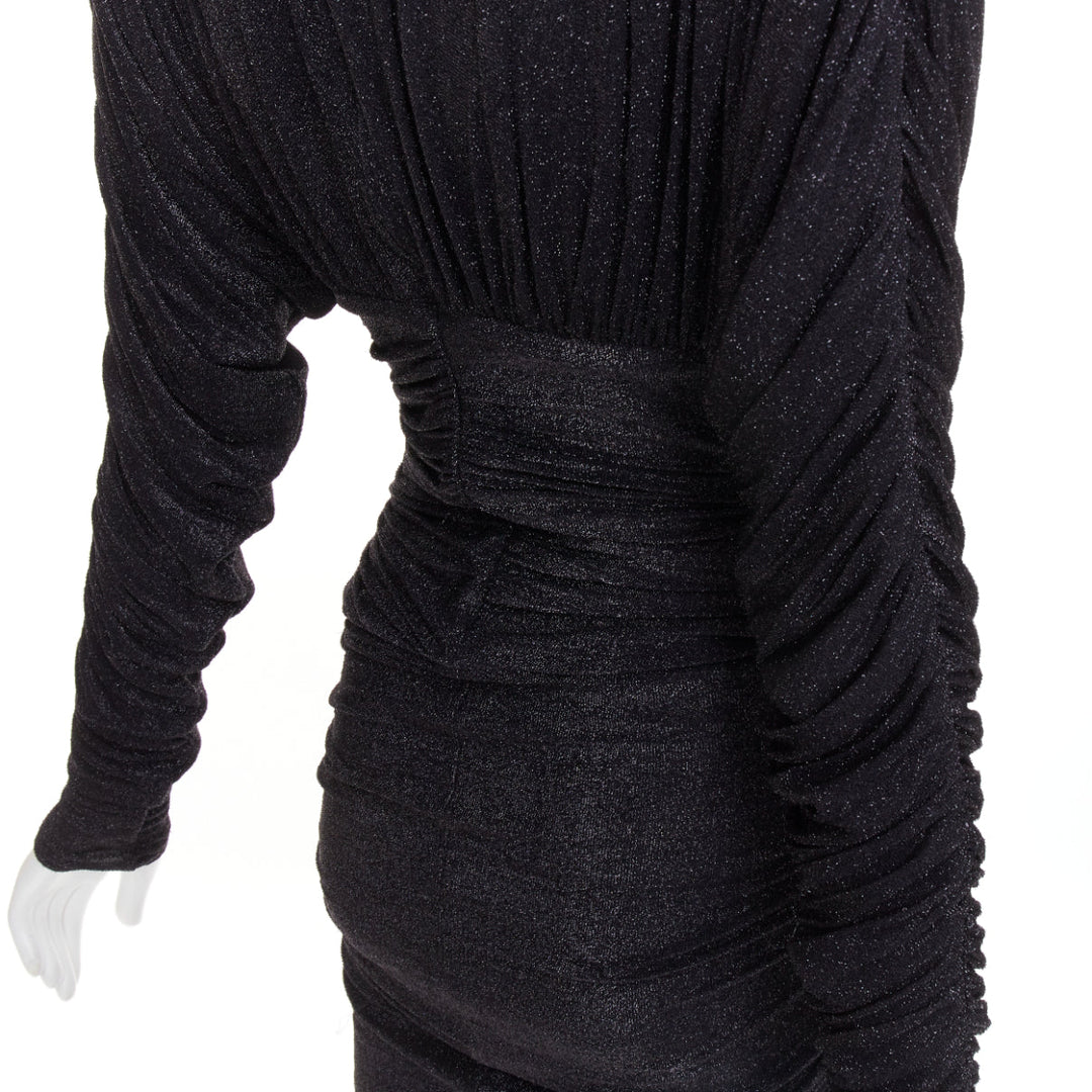 ALEXANDRE VAUTHIER black metallic lurex Power shoulder padded draped slit gown