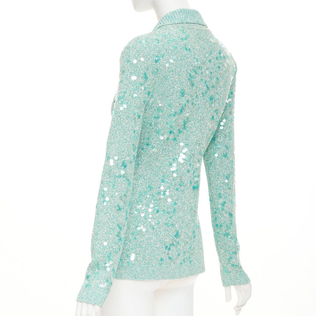 GUCCI 2024 Tweed Blend Polo acid turquoise sequin knit cardigan S