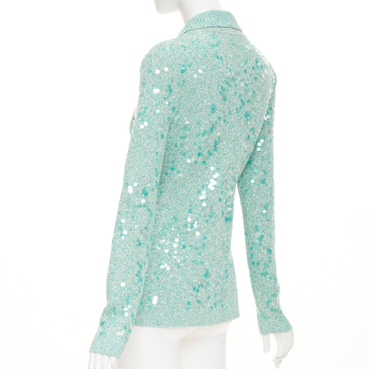 GUCCI 2024 Tweed Blend Polo acid turquoise sequin knit cardigan S