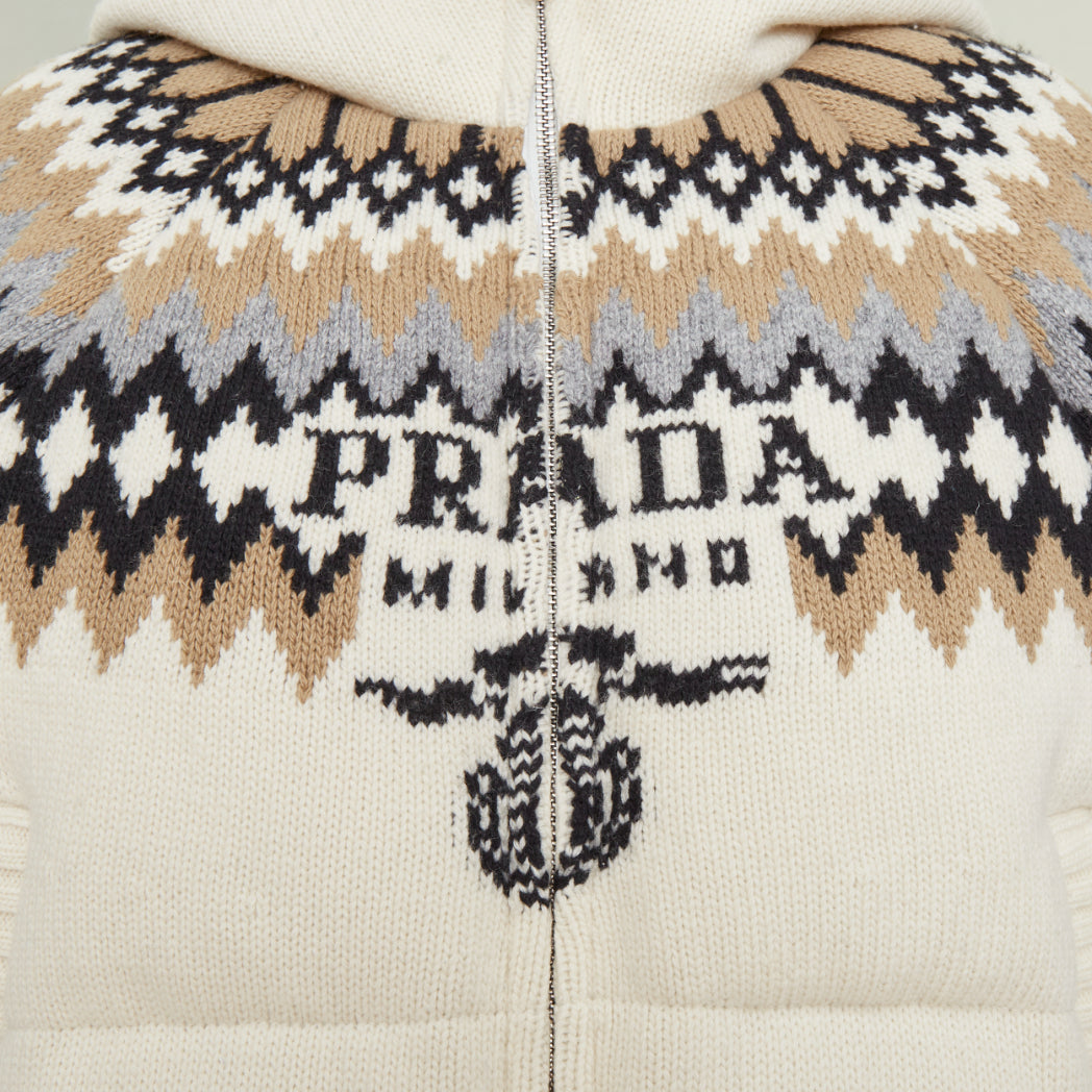 PRADA 2021 On Ice Jacquard Intarsia Logo ivory wool blend puffer jacket IT42 M