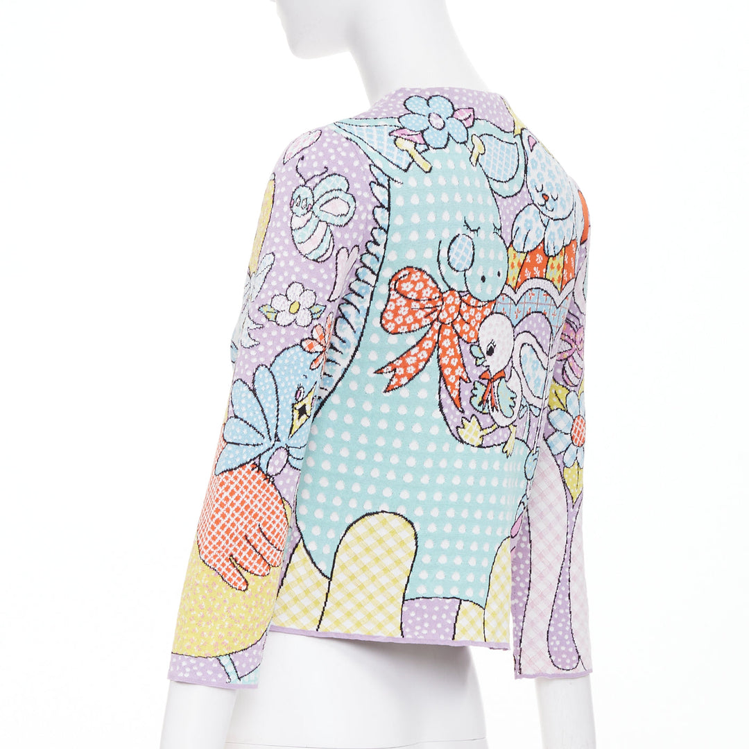 MOSCHINO 2022 Runway Calico Animals lilac blue pink cartoon knit cardigan IT36