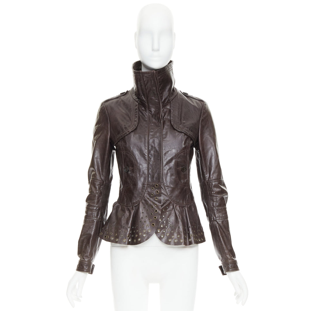 PATRIZIA PEPE brown stiff leather eyelet stud high collar biker jacket IT42 M