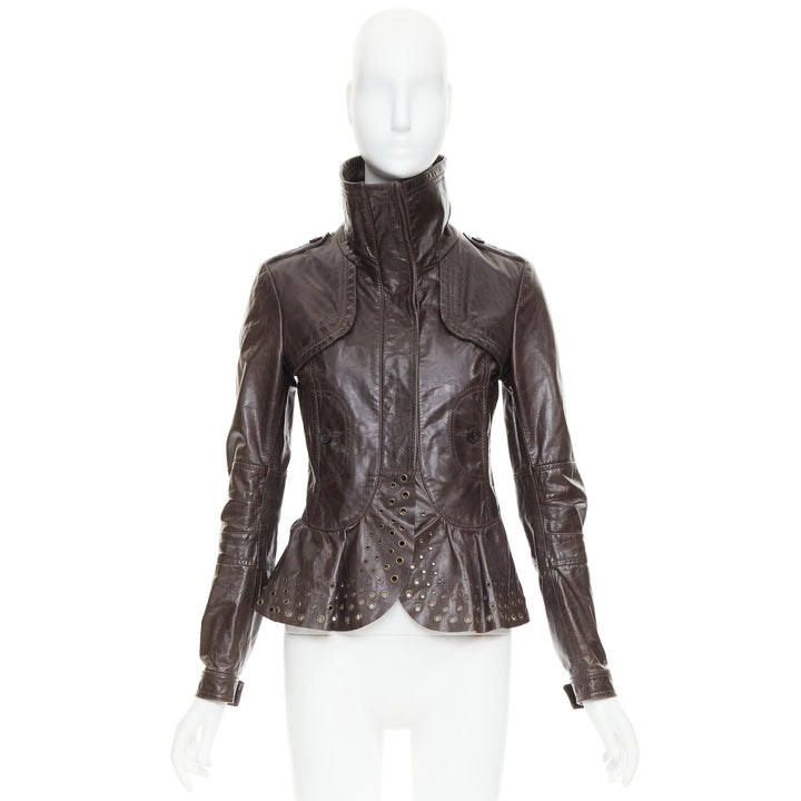 PATRIZIA PEPE brown stiff leather eyelet stud high collar biker jacket IT42 M